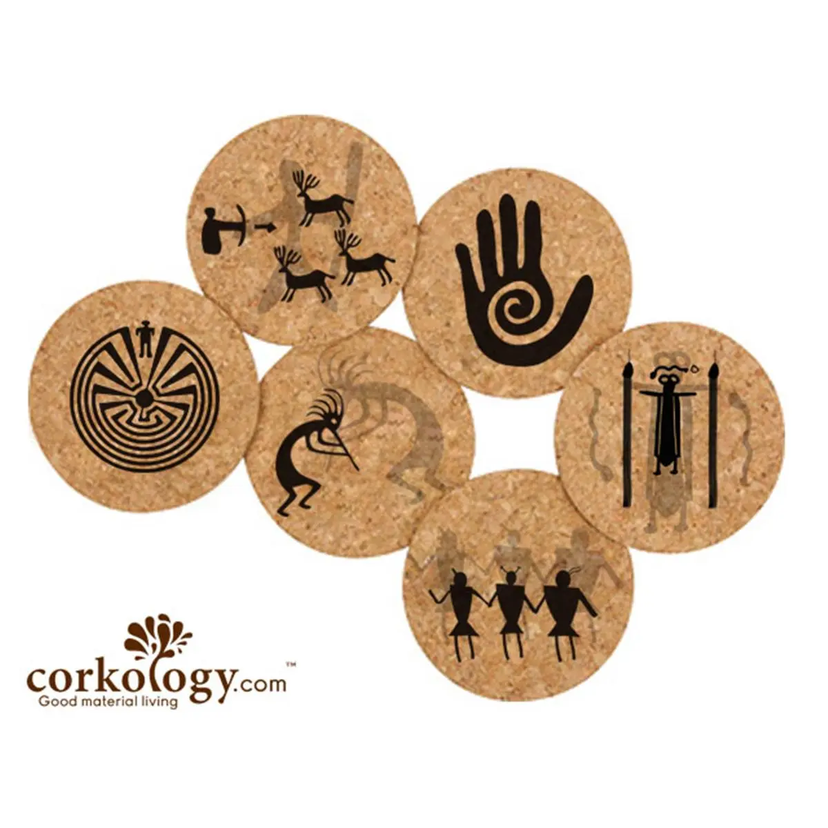 212 MAIN Ancient Natural Cork Coaster Sets - Petroglyph-Designed Kitchenware for Bar & Wine Use