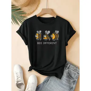 A Fashionable And Sunny Cartoon Bee Print T-Shirt for Women, Featuring a Round Neck And Short Sleeves. It'S Machine Washable And Perfect for Casual Street Style, Making It an Ideal Gift for Home Or Office Wear (3-13Y)