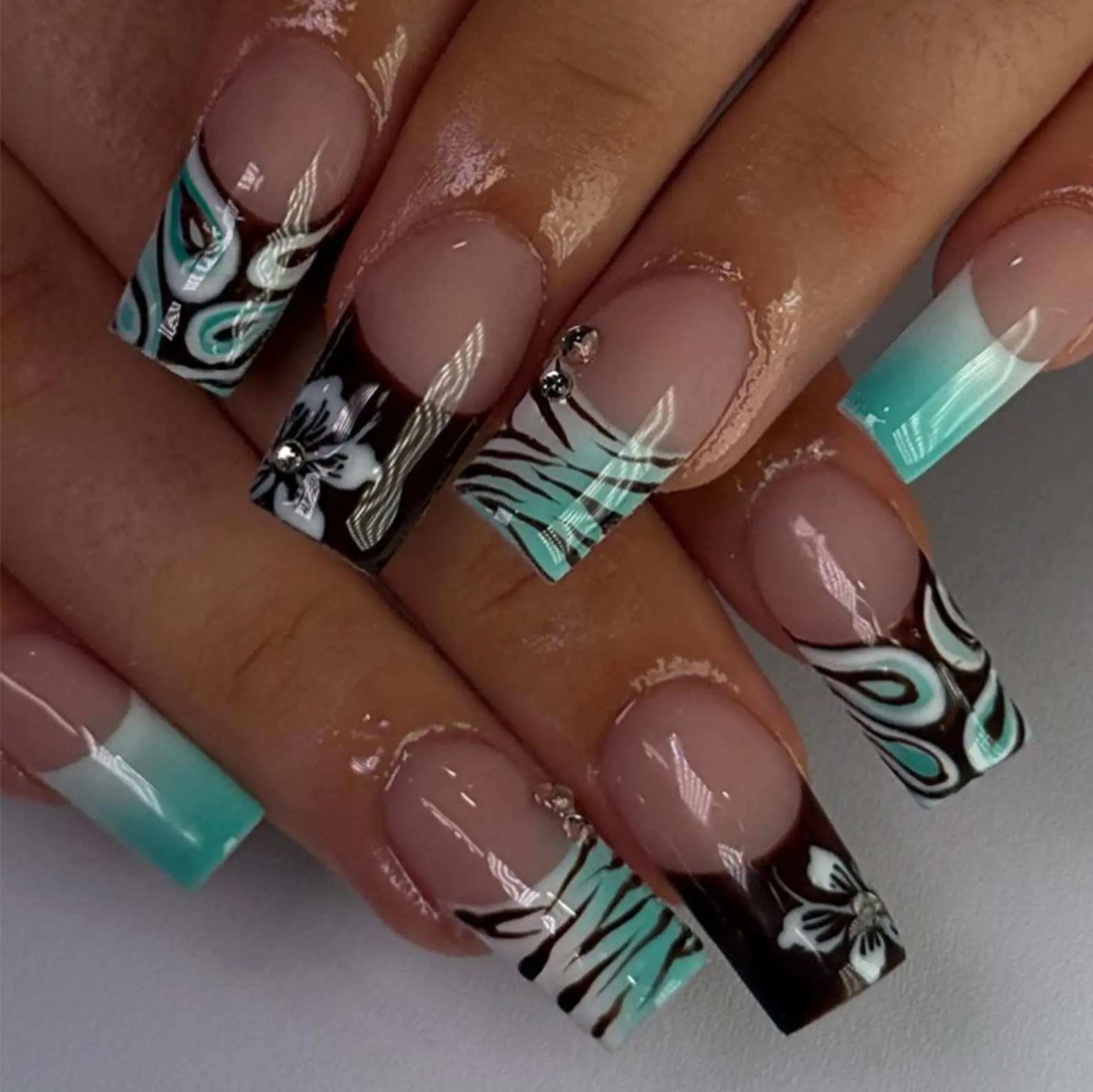 Teal Zebra French Tip Press On Nails, Y2K Abstract Swirl Fake Nails, Rhinestone Retro Reusable Nails
