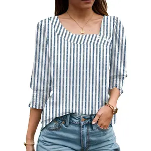 NEW Womens Tops Dressy Casual Shirts 3/4 Length Sleeve Blouses for Women with Smocked Cuffs Long Deep Neck Tie