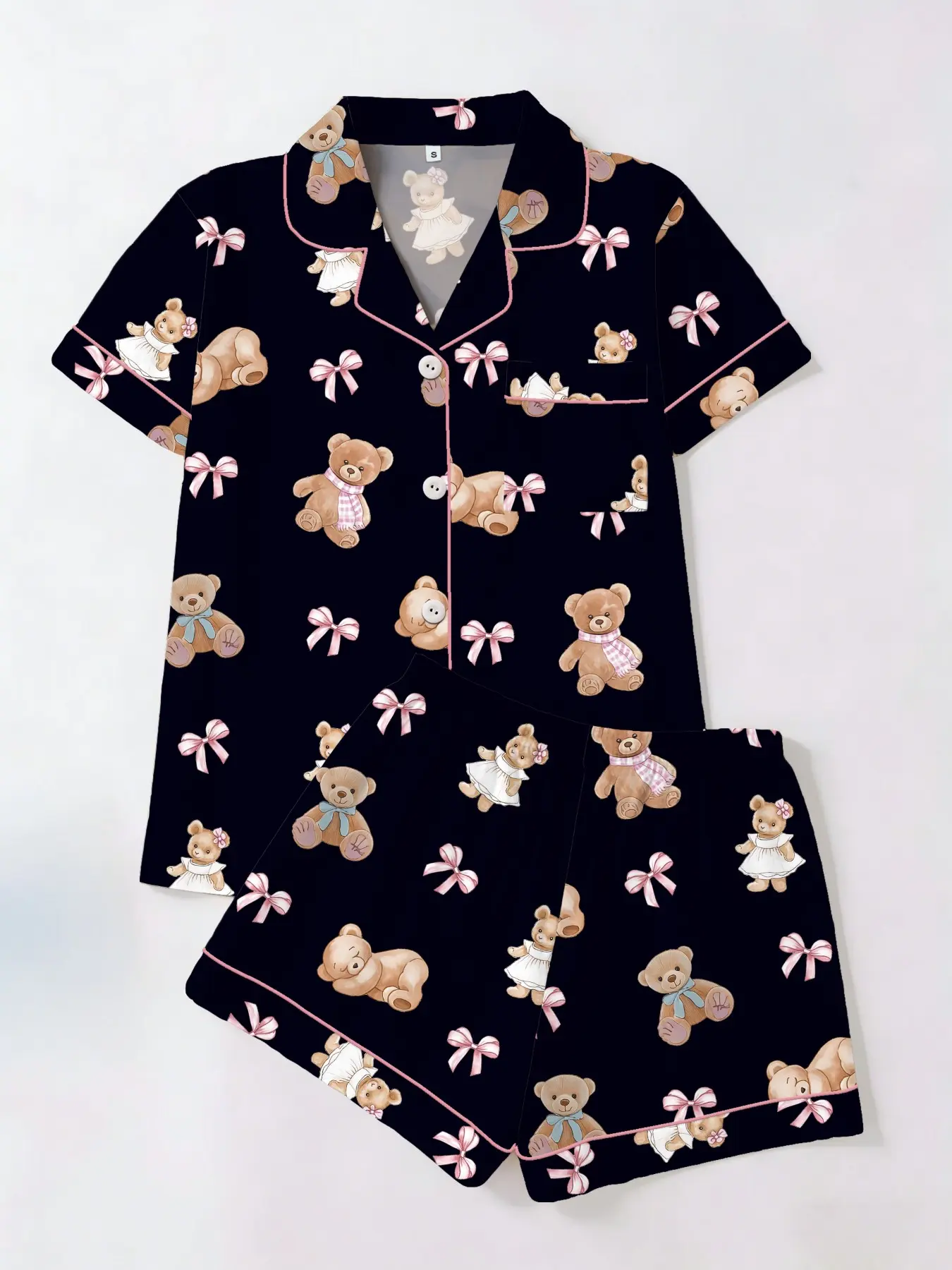Cute Bear Bowknot Printed Womenswear Sleepwear Outfit Set, Pajama Short Sleeve T-Shirt and Shorts Cardigan Two-Piece, Casual Fitted Comfy Homeewear Loungewear for All Seasons Homewear Loungewear Pjs