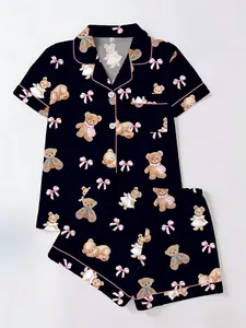 Cute Bear Bowknot Printed Sleepwear Set, Short Sleeve T-Shirt and Shorts Cardigan Two-Piece, Casual Fitted Homeewear for All Seasons