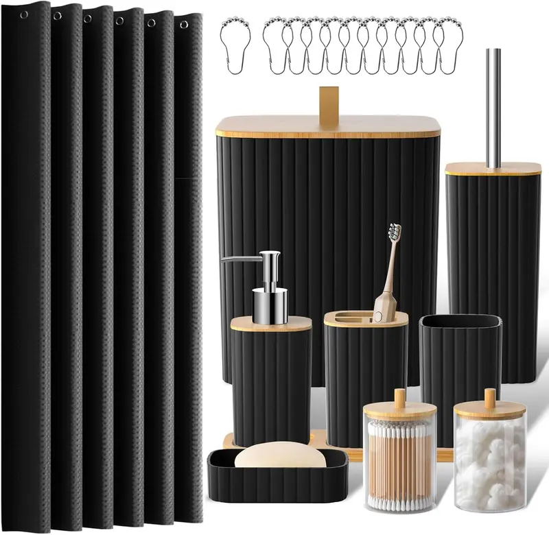Black Bathroom Set with Shower Curtain, Trash Can, Toilet Brush Holder, Soap Dispenser, and More, Modern Bathroom Accessories