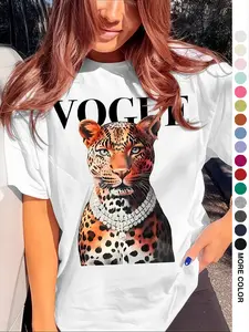Casual Women's T-Shirt   Tiger  Graphic Print  Round Neck Short  Sleeve Fit Printed Top   2-Way Layering/Solo Wear   Spring Summer & Year-Round Commute-Ready