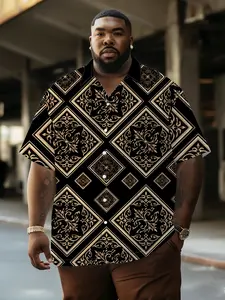 Men's Gold Plaid Retro Shirt, European Pattern Large Size Men's Clothing, Summer Breathable Comfort Casual Wear