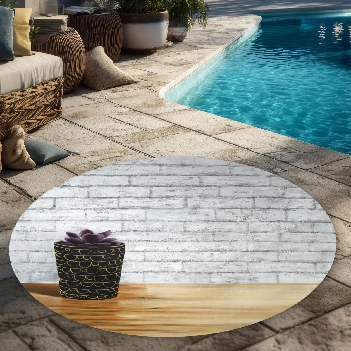 360 stand 5x5 ft. Round Succulent Print Floral Rug - Brown, Weatherproof, Durable Botanical Home Decor Area Rug for Outdoor Patio, Botanical Area Rugs, Durable Area Rugs