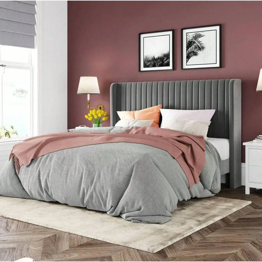Upholstered Velvet Bed Frame (Twin, Queen, King Sizes) with Vertical Groove Quilted Winged Headboard, Sturdy Wooden Slats, Easy Assembly, No Box Spring Needed (Blue, Black, White, Green), Bed Frames, Upholstered Bed Frames, Headboard Bed Frames
