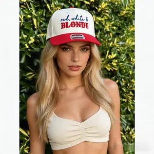 Red White & Blonde Embroidered Trucker Hat for Women Vintage Patriotic Baseball Cap Adjustable Snapback Summer Hat Cute 4th of July Outfit Accessory Gift for Her graduation