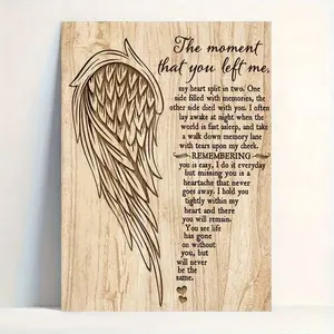 1 piece of "The Moment You Left Me" - an inspirational Quotes Print wooden frame painting with angel wing design that can be hung at any time, perfect for home, office, bathroom or living room decoration, 2D flat printing