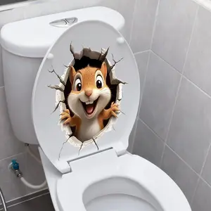 Cute Animal Toilet Sticker Waterproof 3D Funny Dog Cracking Toilet Seat Lid Decal Bathroom Wall Sticker Squirrel Toilet Lid Decal Home Decoration (Squirrel)