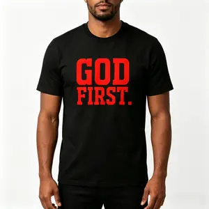 T - shirt featuring bold "GOD FIRST" slogan, for faith - centered fashion