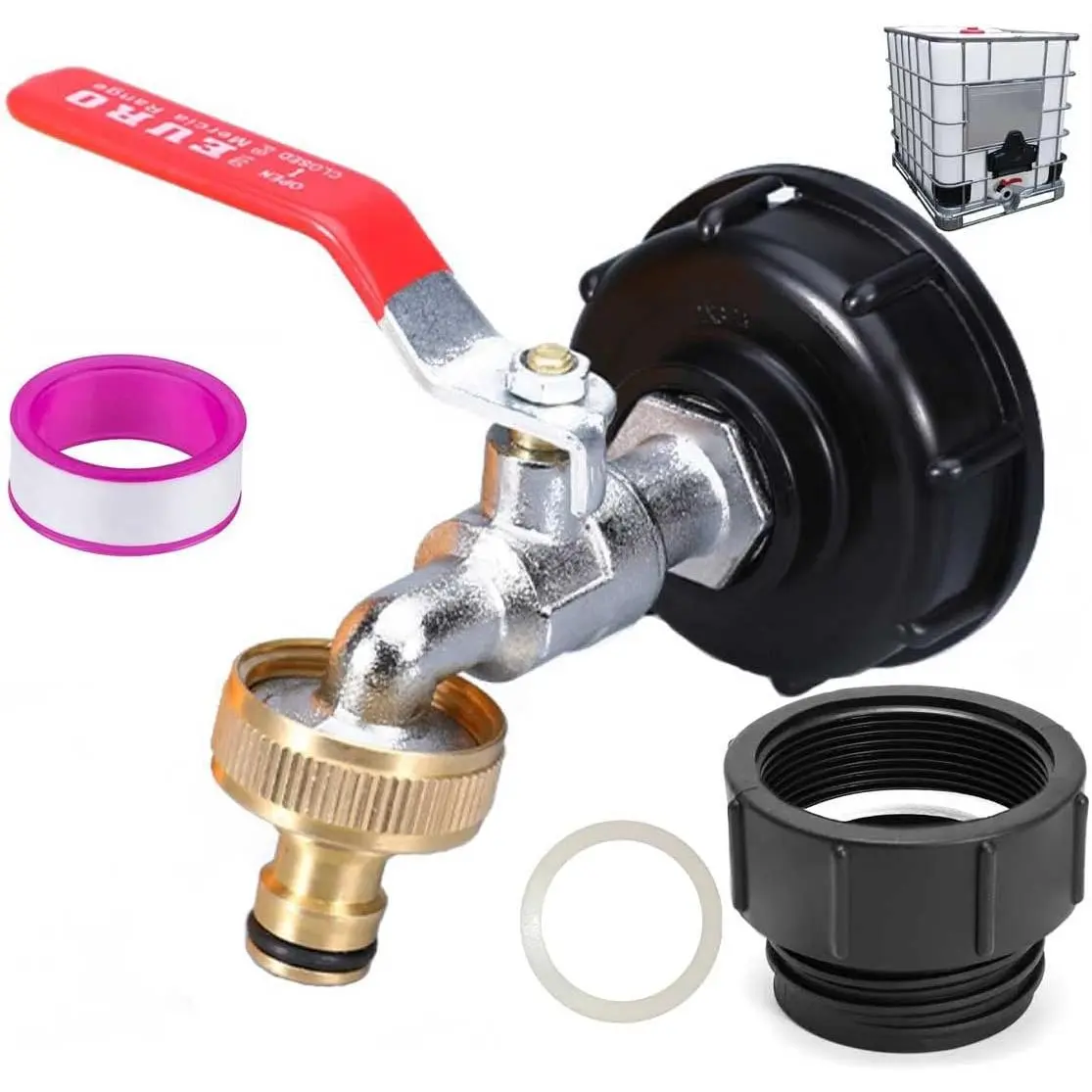 GJANSH Tote Tank Adapter Faucet, 275-330 Gallon Water Tank 2" NPT Fine Thread Outlet 1/2", 3/4" GHT Male Fitting and Garden Hose Quick Connector