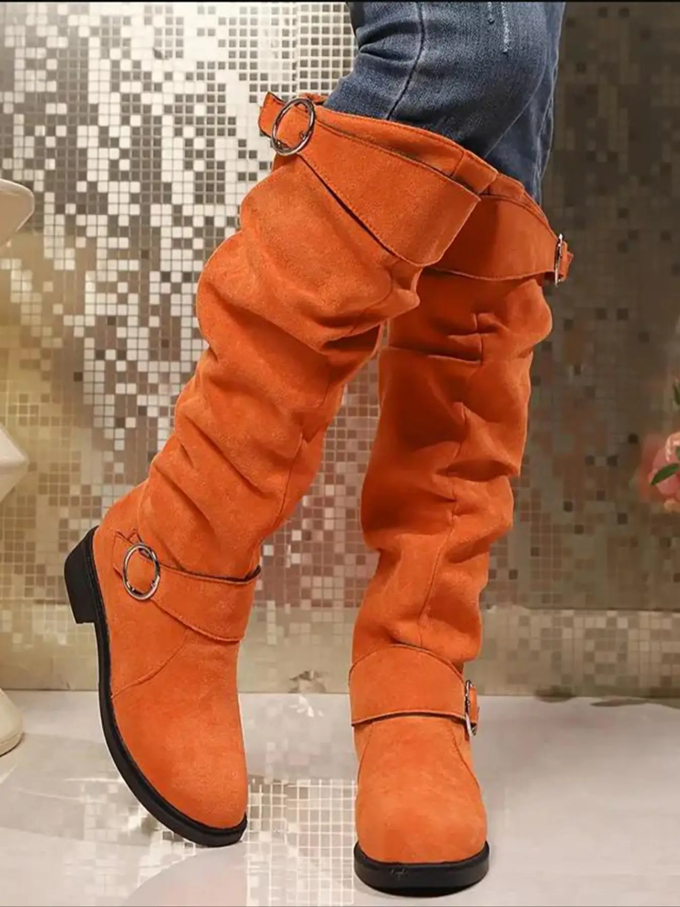 Women's Fashionable Solid Color Ruched Design Boots, Casual Comfortable Knee Boots for Daily Wear, Perfect for Students and Outdoor for Women & Girls