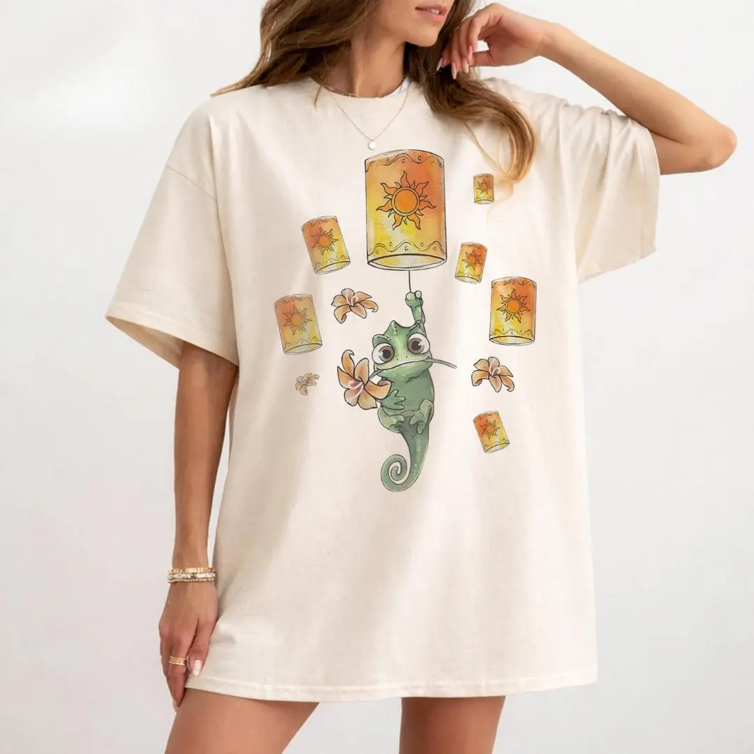 Tangled Pascal Lantern Shirt, Rapunzel Cute Chameleon Graphic, Floating Lights Aesthetic Shirt