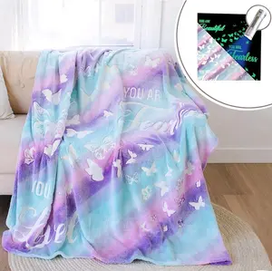 Glow in the Dark Blanket XL Size 59"x 79" Super Soft with Mini UV Flashlight, Butterfly Theme, 100% Polyester, Ideal for Kids and Teens