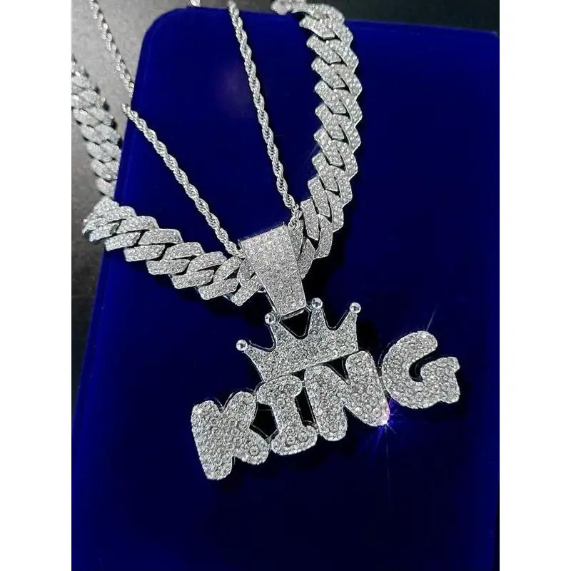 Hip Hop Crown & King Pendant Chunky Chain Necklace, Rhinestone Decor Cuban Link Layered Necklace for Men, Fashion Accessories for Party, Daily Decor Hip Hop Crown & King Pendant Chunky Chain Necklace, Rhinestone Decor Cuban Link Layered Necklace for Men, Fashion Accessories for Party, Daily Decor