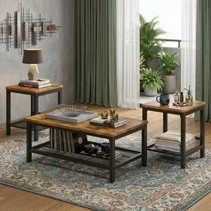 Industrial Coffee Table Set of 3, Modern Living Room Table with 2 Square Side End Tables, Heavy-Duty Metal Frame Console Table Combo for Home Apartment Office Decor