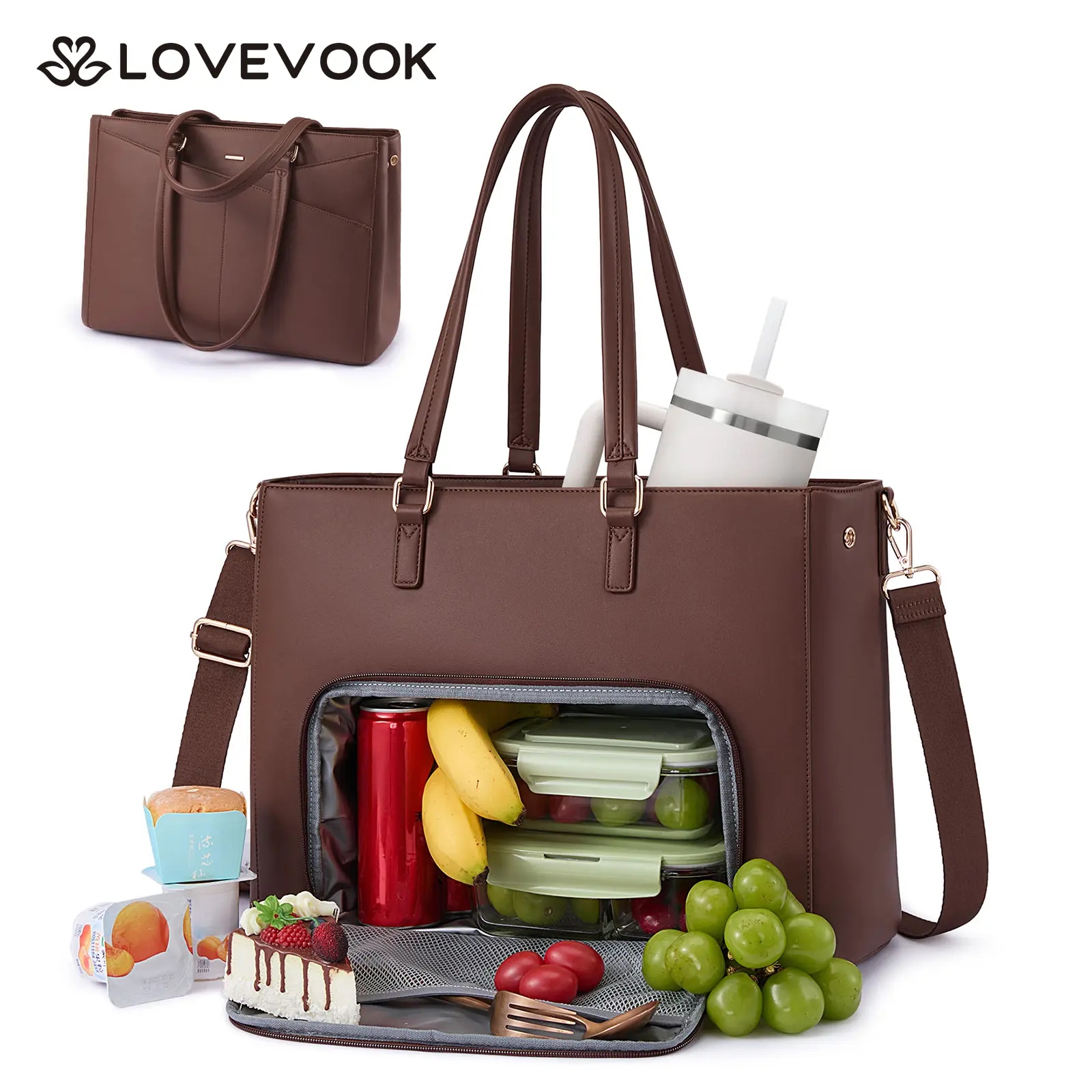 LOVEVOOK Lunch Tote Bag for Women,3 in 1 Work Bag with Leakproof Cooler Compartment, 15.6inch Laptop Bag with Large Cup Holder for Office, College, Casual, Beige-black-brown