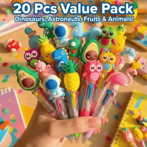 20 Pack Mini 4-in-1 Shuttle Pens with Detachable 3D Cartoon Toppers, Retractable Multicolor Ballpoint (0.5mm) for Kids Party Favors, Classroom Rewards & Goodie Bag Stuffers, BPA-Free Non-Toxic Silicone educational learning tools