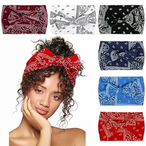 Women's Bow Hairband Set (6 Pieces), Boho Style Paisley Print Wide Headscarf, Elastic Knot Design, Fashion Accessory, Hair Bows Headbands