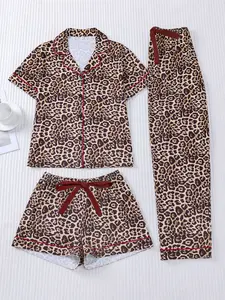 3-piece set of 3-color leopard print Knitted short sleeved shorts, pants, Halloween soft and comfortable top, small pocket bow waistband, elastic waistband, suitable for all seasons, personalized home, casual wear