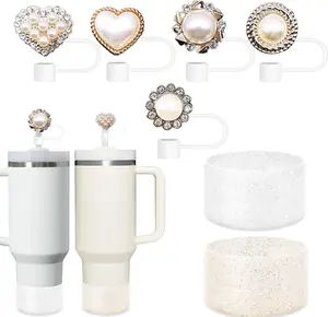 7Pcs Glitter Stanley Accessories Including 5pcs Straw Cover Caps and 2pcs Silicone Boots for 30oz and 40oz Tumblers Replacement Straw Covers Drinkware