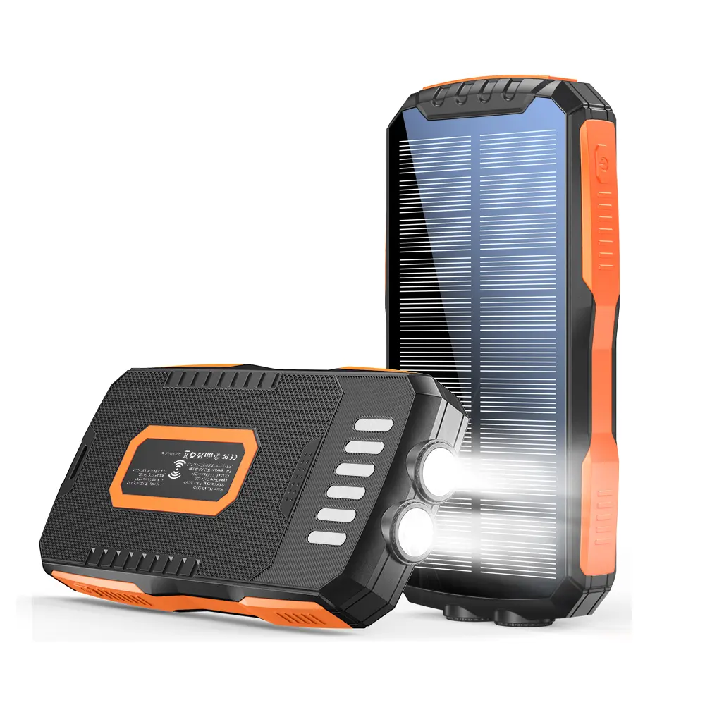citicr 30000mAh wireless charging solar power bank, large-capacity external battery pack, 2 USB outputs, LED lighting lamp, waterproof and dustproof, essential for outdoor activities such as mountain climbing and camping