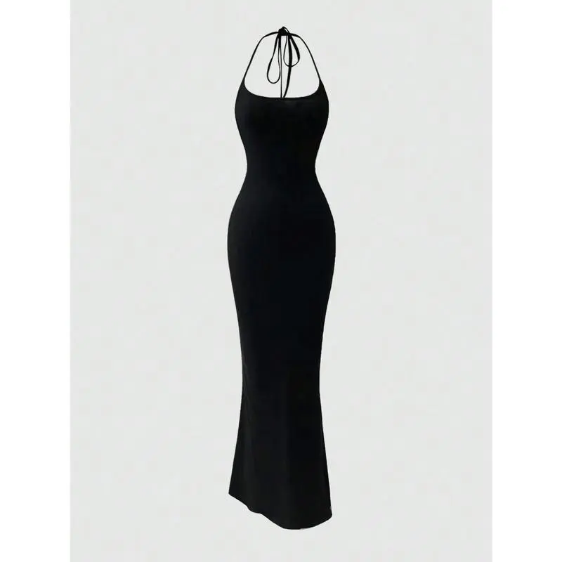 Sweetra Women Fitted Halter Mermaid Dress, Black Maxi Women Outfit Chic Womenswear