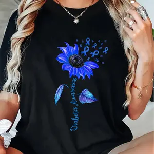 100% Cotton Sunflower Diabetes Awareness Support Blue Ribbon T1D Type 1 T-Shirt