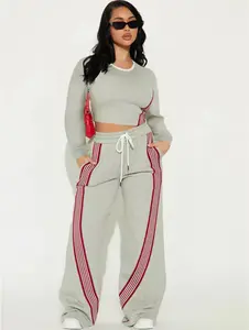 Redline Luxe Tracksuit - Long Sleeve Crop Top & Wide-Leg Drawstring Pants in Heather Gray with Bold Red Side Stripes for Elevated Streetwear Comfortable & Stylish