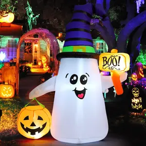 5 FT Halloween Inflatables Ghost Outdoor Decorations Blow Up Yard Cute Wizard Ghost with Pumpkin with Built-in LEDs for Lawn Indoor Party Holiday Decor