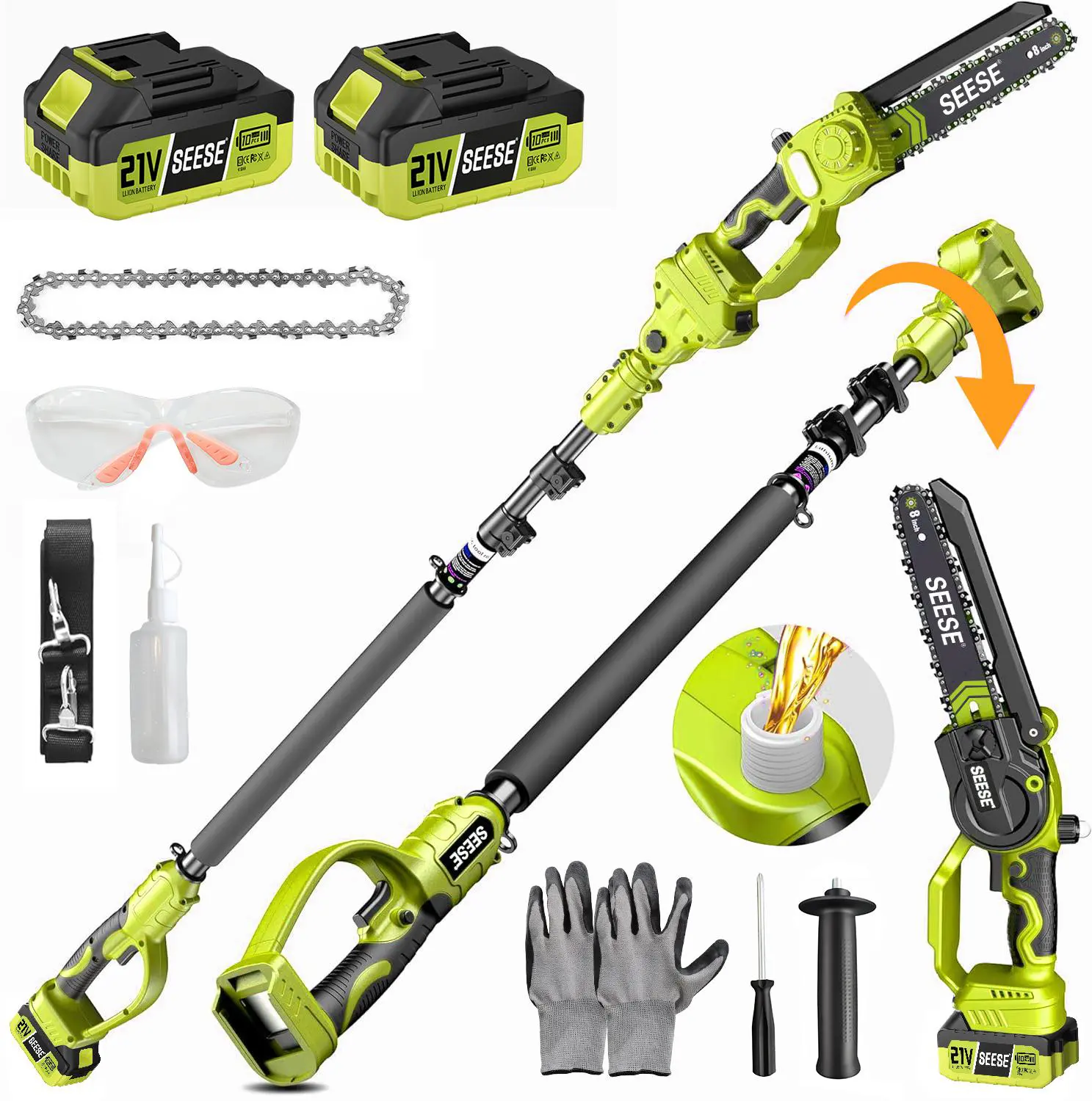 SEESE Brushless Electric Pole Saw,2 in 1 Mini Chainsaw with 2 x 21V Batteries, 8" Brushless Electric Pruner, Telescopic Pruning Saw, Working Height up to 16ft, 180° Angled Head, Shoulder Strap, Halloween gifts