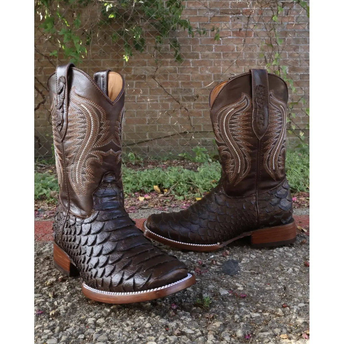LR: Men Print Matte Jumbo Python Brown Square Toe Boots