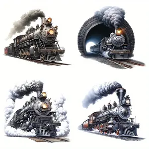 Vintage Steam Train Iron-on Heat Transfer Stickers, 4 Counts/set Cartoon Pattern DIY Craft Decals for T-shirts and Backpacks, Anime Theme Heat Press Patches