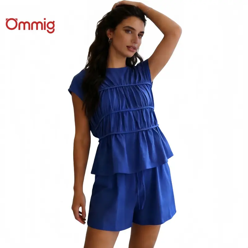 Ommig Women's Cotton 2-Piece Sleeveless Set - Crew Neck Ruched Waist Ruffled Hem Top, Elastic Drawstring Pocket Shorts, Loose Fit, Chic Daily Wear for Commute & Home