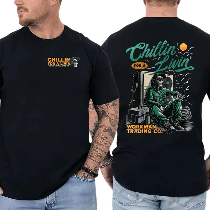 HVAC Technician T-Shirt, Chillin For A Livin Funny AC Repair Graphic Tee, Workman Blue Collar Shirt for HVAC Workers & Technicians, Gift for Air Conditioning Pros