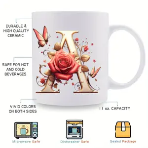 BPAFree Eleven Ounce Ceramic Mug Featuring Alphabet and Floral Decorations Perfect for Multiple Festivals and Events