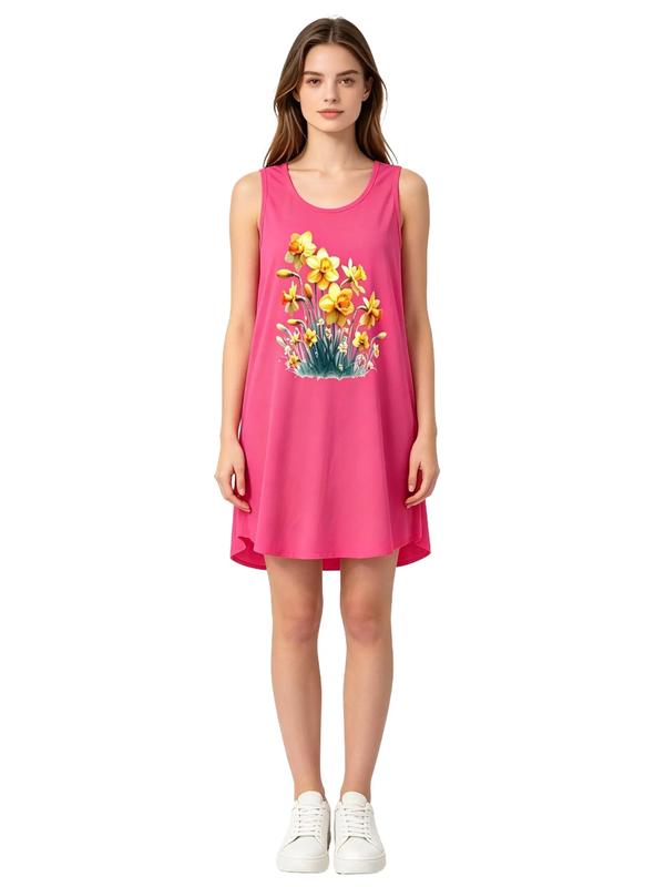Women's Sleeveless Scoop Neck Yellow Daffodil Floral Print Polyester Nightwear - Loose-Fit, Above Knee, Plus Size, Casual Basics, Comfortable Pajama Loungewear, Machine Washable, Womenswear Underwear, Sohochic