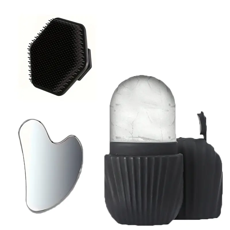 3 Piece Soothing Lightweight Facial Cleansing Tools Set, Stainless Steel Heart Shaped Gua Sha Board, Ice Rolling Tool, Gentle Silicone Face Brush, Facial Cleanser Brush for Skincare, Ice Roller, Face Cleaner, Beauty Tools