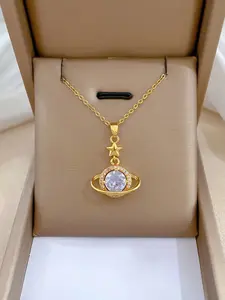 Luxury Planet Galaxy Necklace for Women – Romantic Stainless Steel Pendant with Water-Wave Chain, Elegant Fashion Jewelry Gift