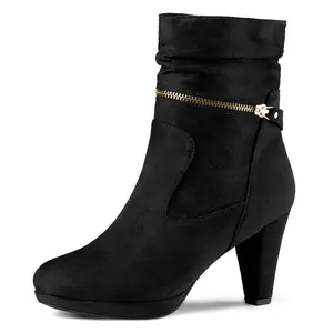 BLISSFUL STEP Women's Ankle Zip Platform High Heel Mid Calf Boots