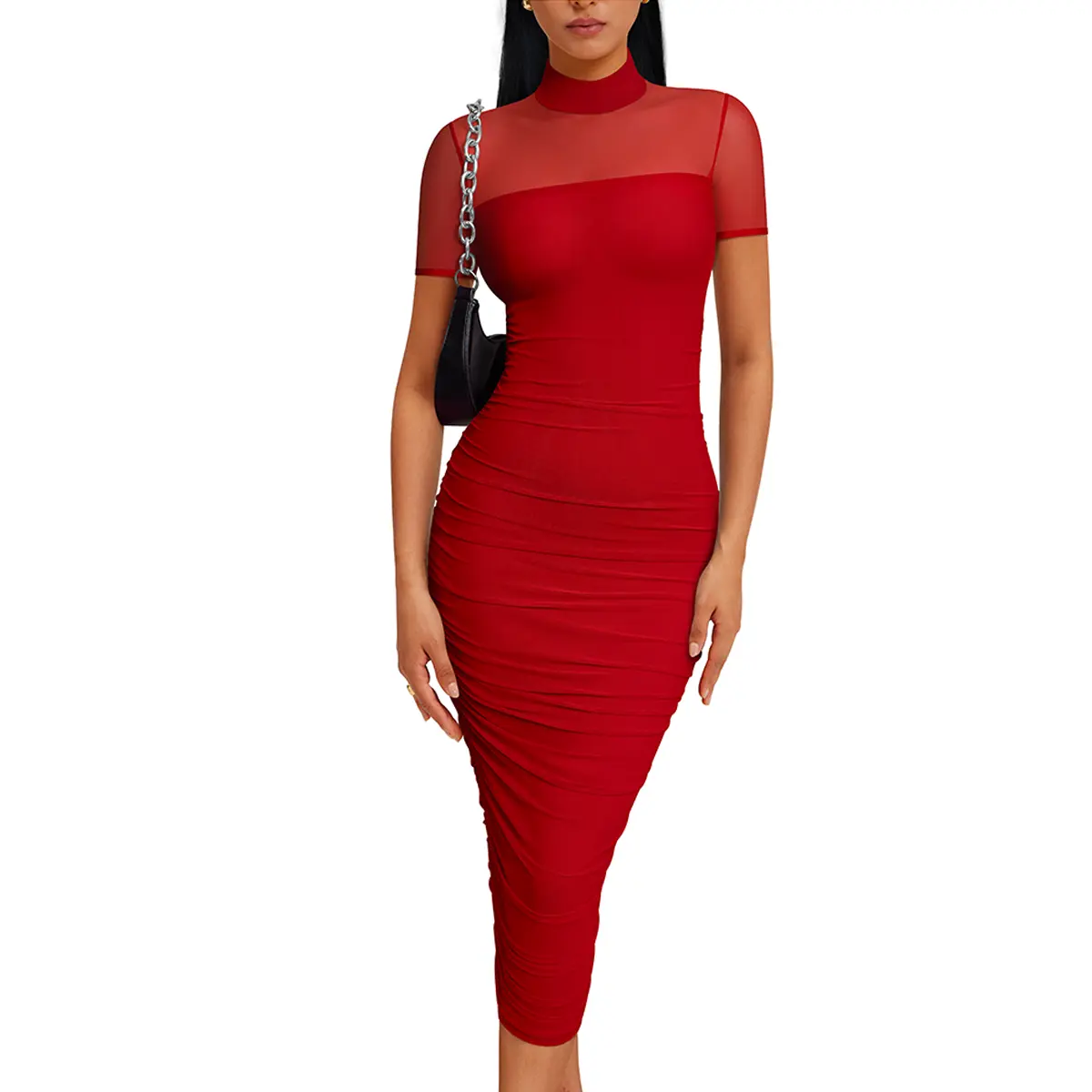 knee length dresses for ladies Solid Short Sleeve Midi Dress Featuring Draped Neckline Large / Black main image 1