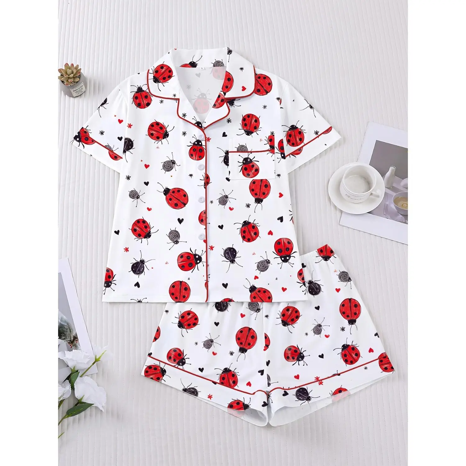 2pcs Women's Spring & Summer Ladybug Pajama Set • Button-Down Lapel Short Sleeve Top & Shorts • Stylish & Comfy Loungewear Perfect for Home, Outdoor, Holidays, Parties, or Birthday Gifts