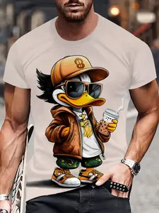 Summer New Men's Cool Street Style Milk Tea Duck Print Short Sleeve T-Shirt, Casual Fitted Top, Multifunctional Streetwear