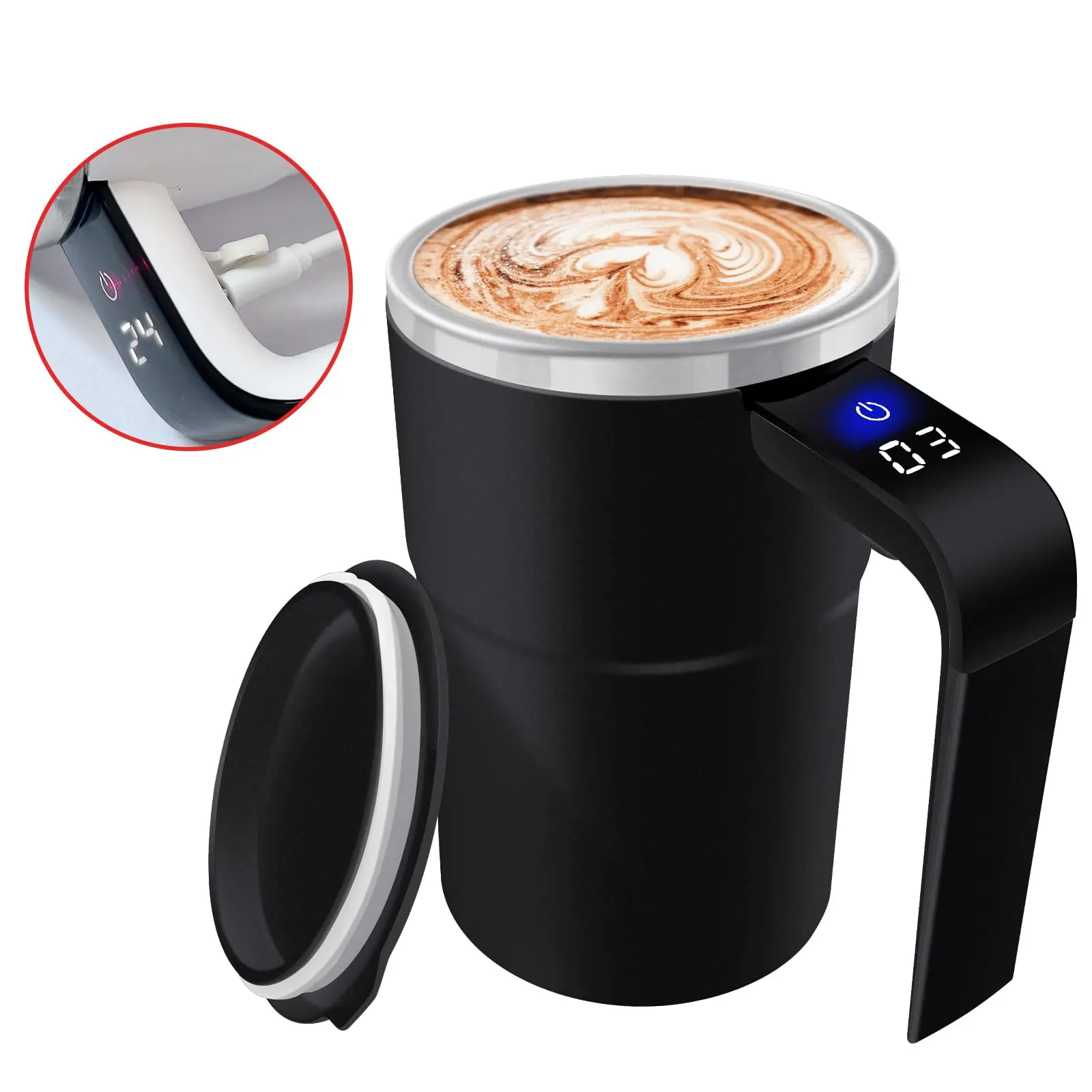 Automatic Self-Stirring Travel Mug - Rechargeable Magnetic Digital Tumbler with LCD Thermometer, Portable Reusable Water-Resistant Coffee Tea Ware (Black)