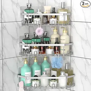 Corner Shower Caddy, Shower Organizer Corner Shower Shelf with 12 Hooks,3-Pack Adhesive Stainless Steel Shower Shelves for Bathroom Storage，No Drilling Wall Mounted Shower Rack (Silver)
