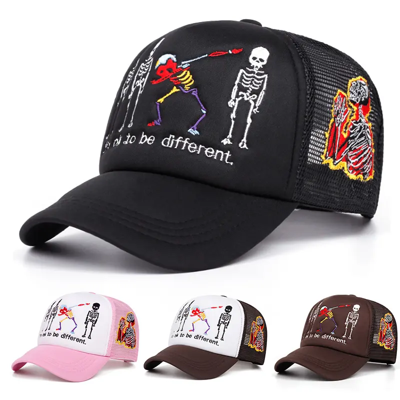 Unisex Classic Baseball Trucker Cap, 5 Skeletons Side Prayer Embroidery, Adjustable, Breathable Net Hat for Daily Wear, Outdoor Activities
