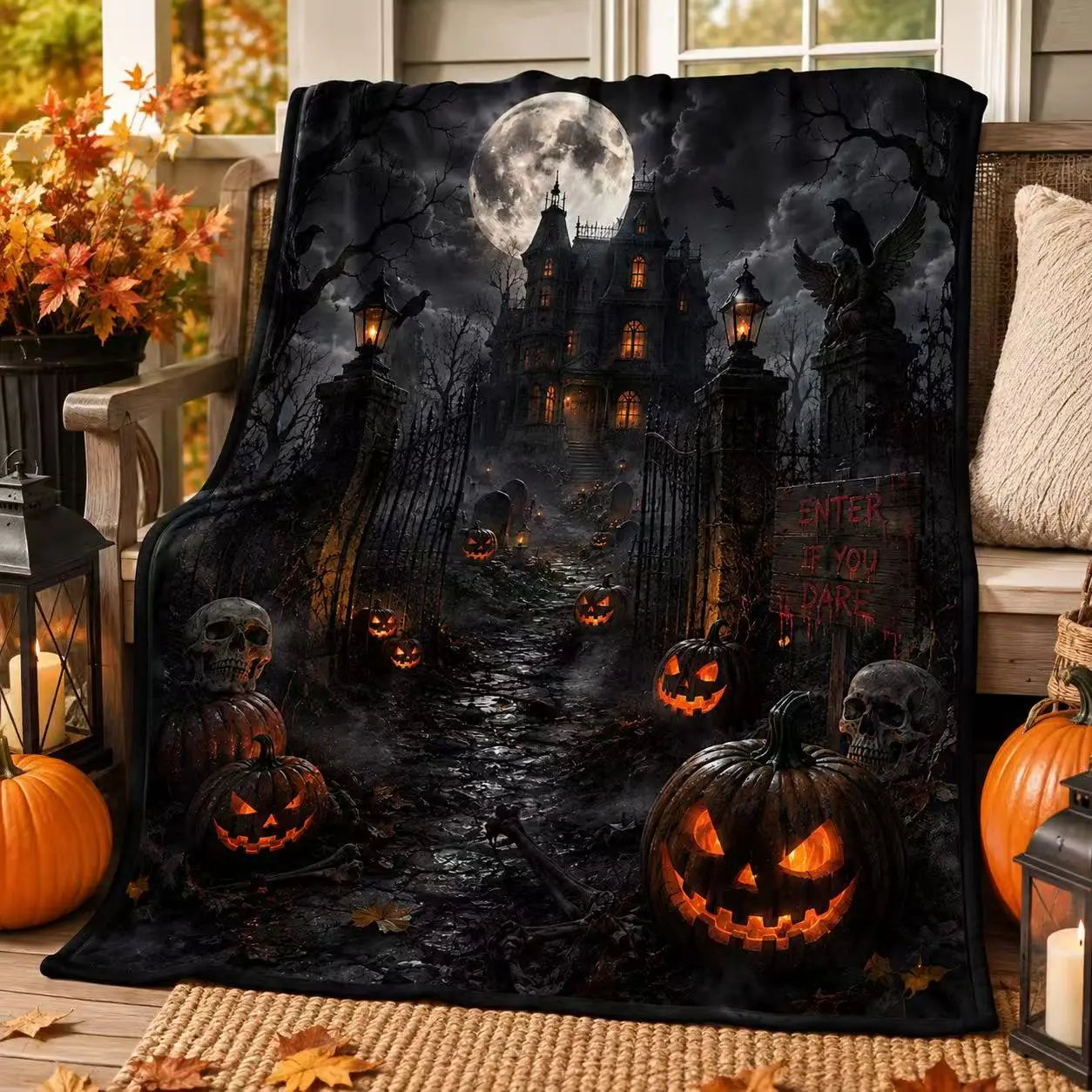 Halloween Haunted House Blanket, Spooky Jack O Lantern Pumpkin Throw Blanket, Gothic Horror Full Moon Blanket for Couch Sofa Bed Bedroom Living Room, Soft Cozy Fleece Blanket, Halloween Home Decor Gift for Adults