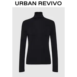 URBAN REVIVO Women's Minimalist Basic Long-Sleeve High-Neck Knit T-Shirt Top, Casual Clothes, UWB950007