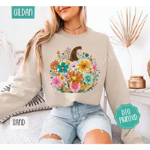 Floral Pumpkin Sweatshirt, Trendy Autumn Crewneck